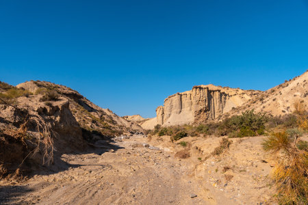 Tabernas desert trail, AlmerÃ­a province, Andalusia. On a trek in the Rambla del Infiernoの写真素材