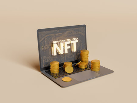 laptop with the word NFT illuminated on the screen and bitcoin stacks on the keyboard. concept of...