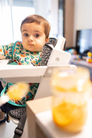 Baby in the dining room of his house, his first vegetable purees, first-person view of the father spooning pumpkin, carrot and potato puree into his mouthの写真素材