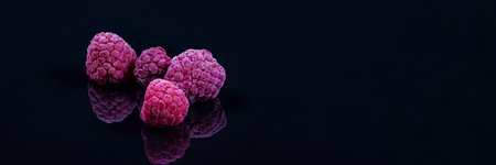 Close-up of frozen raspberries on black reflecting underground