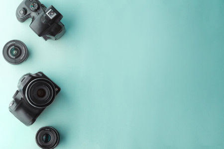 camera and lens over background photography concept.の写真素材