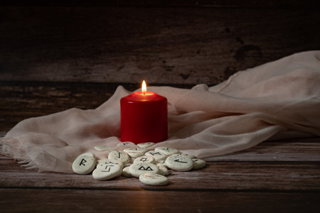 rune stones with black symbols for fortune telling with candles on a wooden tableの写真素材
