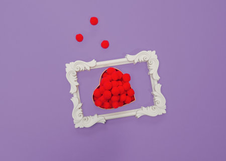 Creative composition of red fluffy balls and fashionable frame. Romantic love frame with love box...