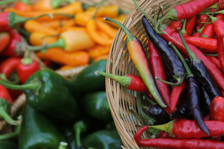 Colorful Basket of Peppers at a Farmers Marketの写真素材