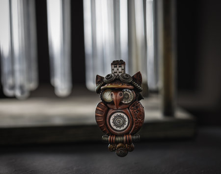 handmade craft ceramic brooch in steampunk owl levitates over a stone surface, against the background of glass flasks, dark background, close-upの写真素材