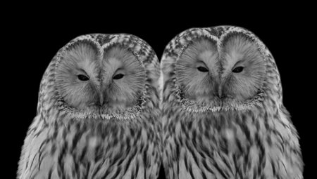 Two Black And White Ural Owl Birds Portrait Faceの写真素材