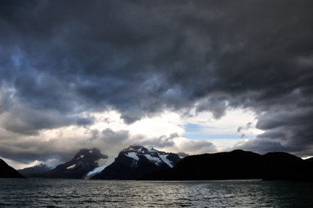 scenery at Ultima Esperanza Sound with Balmaceda glacier on a boat trip from Puerto Natales, Patagonia, Chileの写真素材