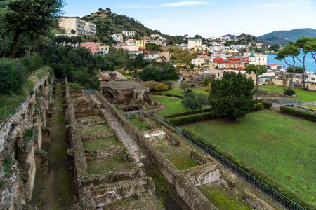 View of Baiae archaeological site near Naples, Italy. Baiae was a roman town famous for its thermal bathsの写真素材