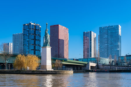 Paris, the Grenelle bridge on the Seine, with the liberty statueの写真素材