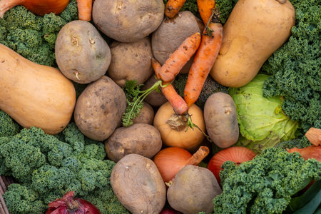 Bio organic vegetables on farmer market, farm fresh vegetable box on wooden background, vegetarian food conceptの写真素材