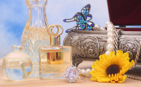 Ring With Flowers and Jewelry Box and Perfumeの写真素材