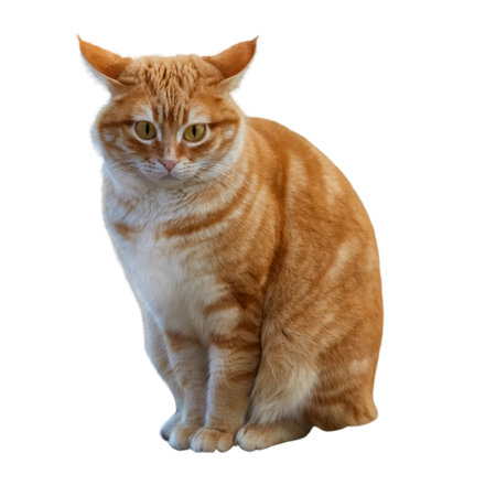 Frustrated or discouraged ginger cat sits with his ears apart. Selective focus image isolated on white background. Negative emotion in a pet. Pensive animal.の写真素材