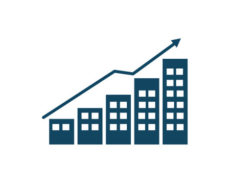 Upgoing arrow on the top of the buildings. llustrations about progress.のイラスト素材