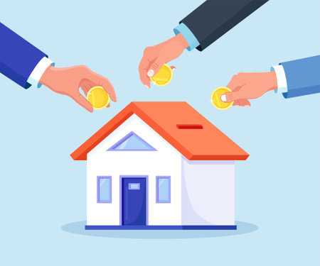 Human hands put coins in home is like a piggy bank. Tiny people buying house in debt. People investing money in property. Mortgage loan, ownership and savings. Real estate investment, house purchaseのイラスト素材