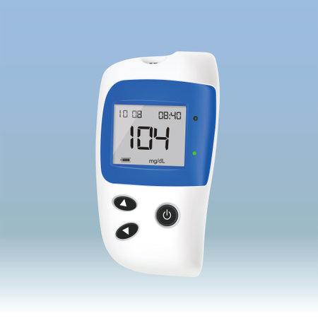 Realistic blood glucose testing device that shows sugar level in blood, diabetes tester device icon. Glucometer vector illustrationのイラスト素材