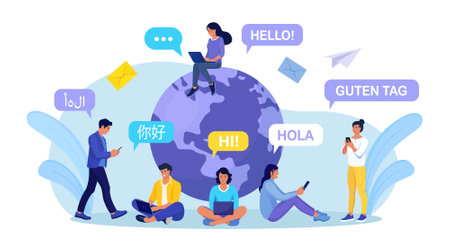 Young people chatting in foreign languages with phone. Multilingual greeting. Hello in different languages. Diverse cultures, international communication. Students with speech bubbles and earth planetのイラスト素材