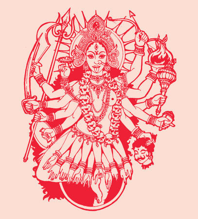 Drawing or Sketch of Hindu Goddess Durga or Kali Mata Outline Editable Illustrationのイラスト素材