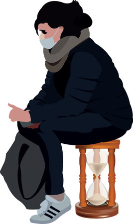 Vector illustration of a female sitting on an hourglass in a face mask