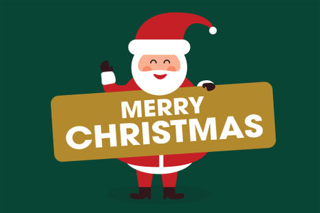 Vector design of cheerful Santa Claus holding a Merry Christmas sign against a green backgroundのイラスト素材