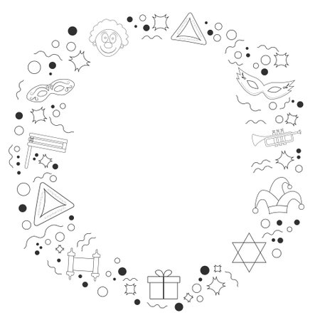 Frame with purim holiday flat design black thin line icons. Template with space for text, isolated on background. Vector eps10 illustration.のイラスト素材