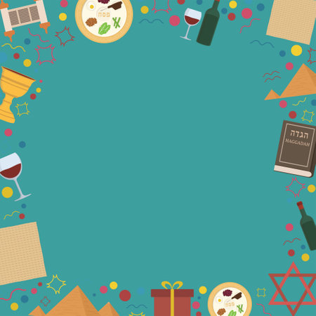 Frame with Passover holiday flat design icons. Template with space for text, isolated on background.のイラスト素材