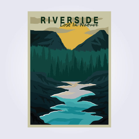 peak riverside mountain vintage poster vector classic illustration design water flow raftingのイラスト素材