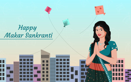 beautiful girl on cityscape background with flying kites, Makar sankranti vector illustration,のイラスト素材