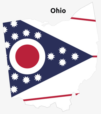 Illustration of an outlined map and flag of the State of Ohio, USAのイラスト素材
