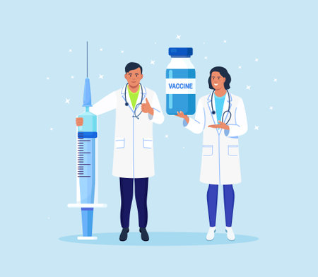 Time to vaccinate for immunization against coronavirus. Doctor and nurse hold syringe and vaccine bottle, ampoule. Vaccination for covid 19のイラスト素材