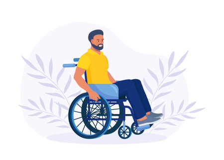 Disabled man sitting in wheelchair and hold wheel.  Young guy with disabilities. Disability conceptのイラスト素材