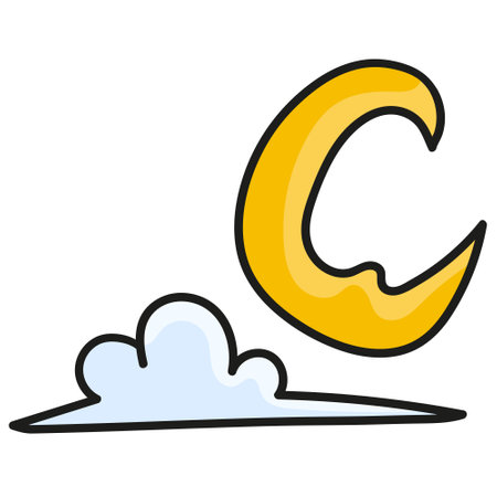 kawaii doodle image of crescent moon and cloudy clouds at night. doodle icon image. cartoon caharacter cute doodle drawのイラスト素材