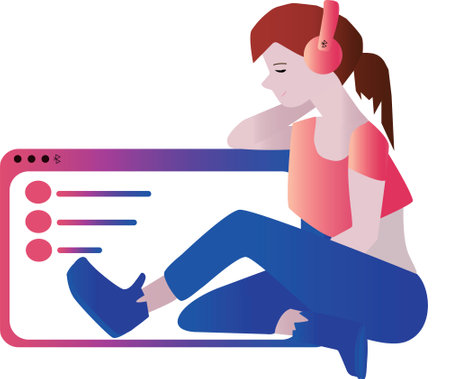 Vector of a girl with headphones sitting, leaning on a screen displayのイラスト素材