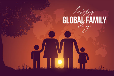 Vector design of a Global Family Day postcard with a family silhouette looking at the sunsetのイラスト素材