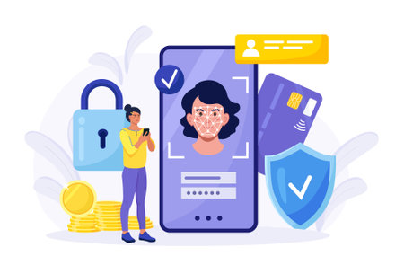 Face recognition and data safety. Woman getting access to data after biometrical checking. Person holds phone and scans the  face with mobile application. Biometric identification, face ID systemのイラスト素材