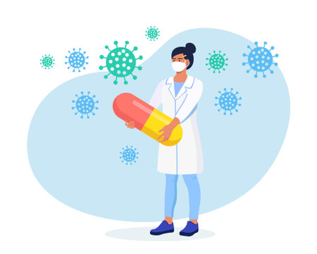 Tiny Female character holding huge pills, tablets. Pharmacist care for patient. Professional pharmaceutical science. Illness Prevention, disease treatment. Healthcare and pharmacy, drugstoreのイラスト素材