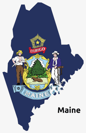 Illustration of an outlined map and flag of the State of Maine, USAのイラスト素材