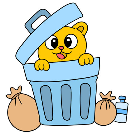 cute cat is hiding in the trash can, character cute doodle draw. vector illustrationのイラスト素材