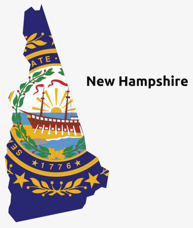 Illustration of an outlined map and flag of the State of Hampshire, USAのイラスト素材