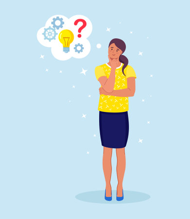 Smart woman thinking or solving problem. Pensive girl with thought bubbles, question marks, light bulb. Girl is confusingのイラスト素材