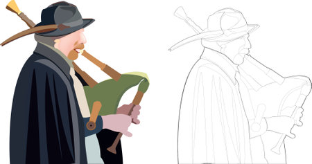 Vector illustration of a musician playing the bagpipe - a sketch next to itのイラスト素材