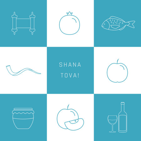 Rosh Hashanah holiday flat design white thin line icons set with text in english "Shana Tova" meaning "Have a good year". Blue and white background.のイラスト素材