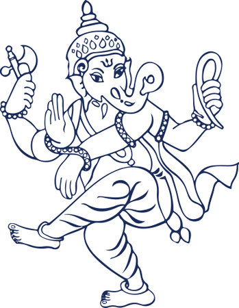 Drawing or Sketch of Lord Ganesha Outline and Silhouette Editable Illustrationのイラスト素材
