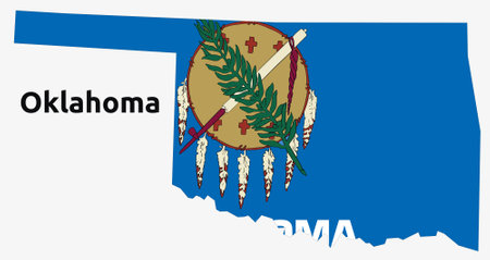 Illustration of an outlined map and flag of the State of Oklahoma, USAのイラスト素材