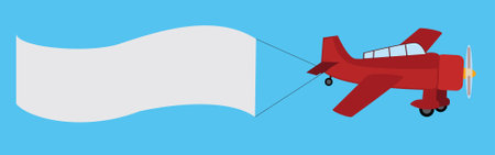Vector illustration of a red airplane with blank poster on a bright blue backgroundのイラスト素材