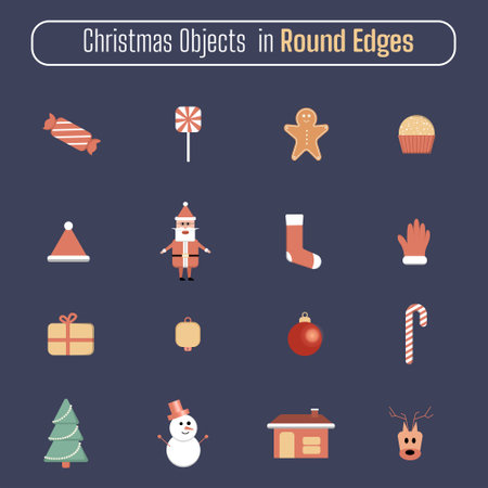 Vector icons of Christmas and New Year icons set with Santa, deer, snowman, xmas tree, socks, giftsのイラスト素材