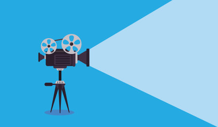 Vector illustration of the retro movie projector on the blue backgroundのイラスト素材