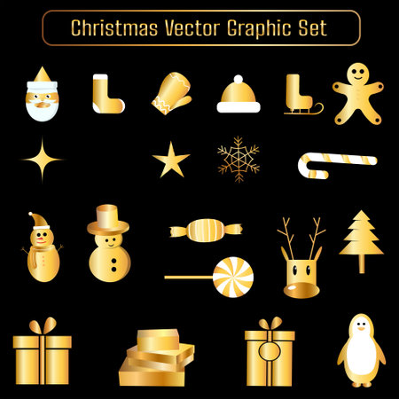 Vector illustration of Christmas decoration set on black backgroundのイラスト素材