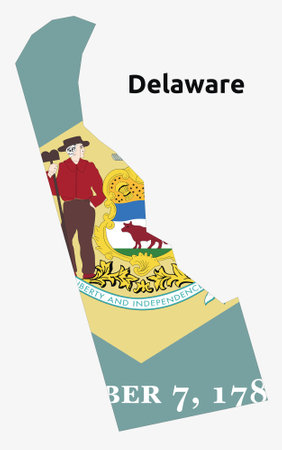 Illustration of an outlined map and flag of the State of Delaware, USAのイラスト素材