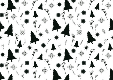 Vector illustration of Christmas trees and other holiday elements on a white background