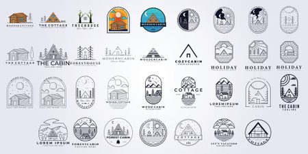 set bundle cabin cottage logo vector illustration design, line art styleのイラスト素材